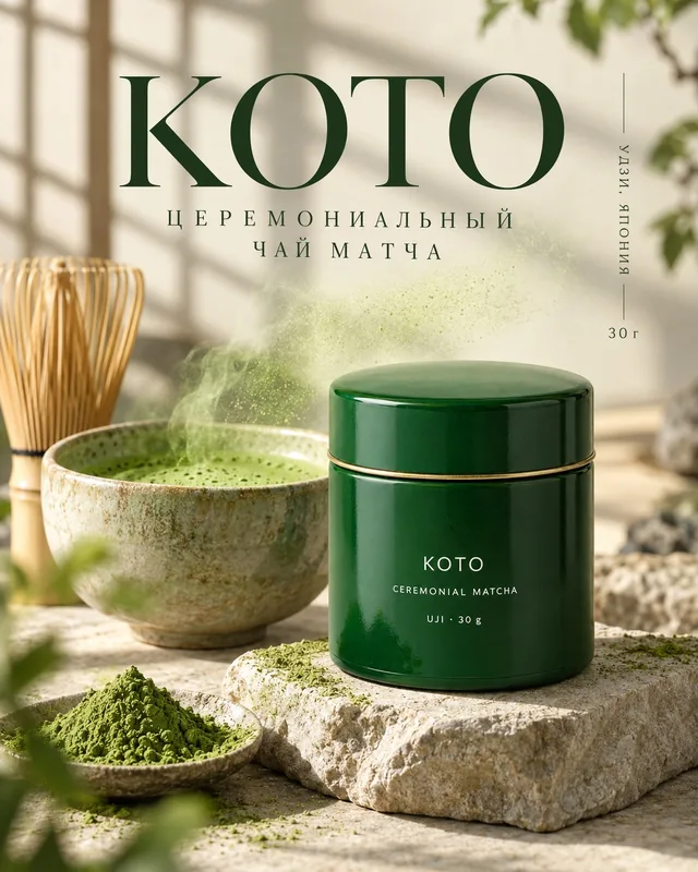 Рекламный креатив 4:5 церемониального чая матча KOTO: изумрудная банка, пиала, венчик и зелёная дымка